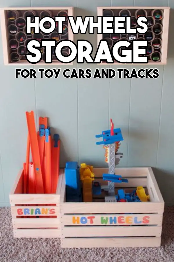 DIY Hot Wheels Wall Mounted Toy Car Storage and Wooden Crates on the Floor for Hot Wheels Track Storage and Organization