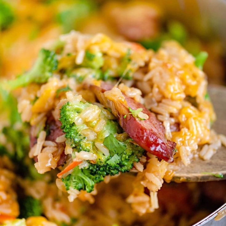 Image for Cheesy Kielbasa Rice and Broccoli Skillet